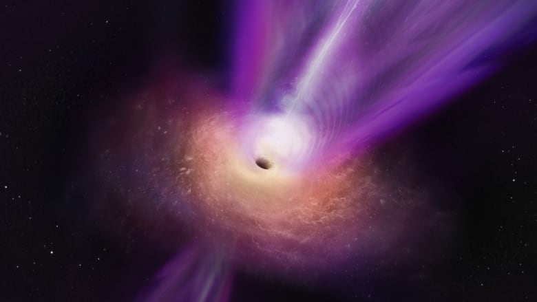 An illustration of a purple stream coming out of a black hole.