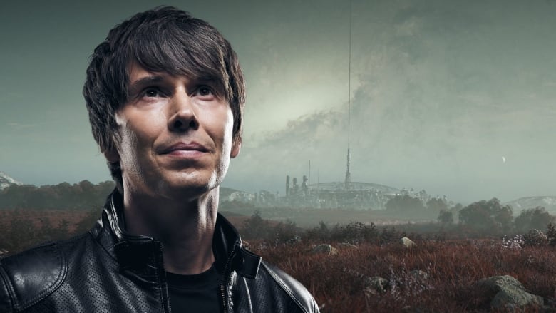 A close up image of Brian Cox shows him looking off into the distance in front of a rugged dark landscape with a futuristic flying machine and a vision of space in the sky.