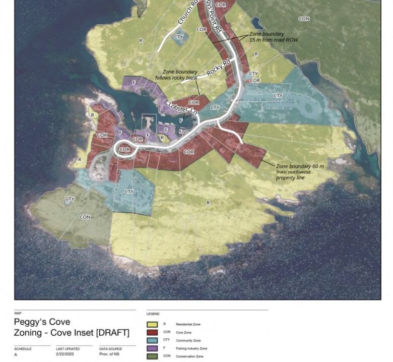 A map of proposed changes to zoning in Peggys Cove, N.S.