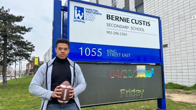 A man holding a football while standing in front of a sign that reads 