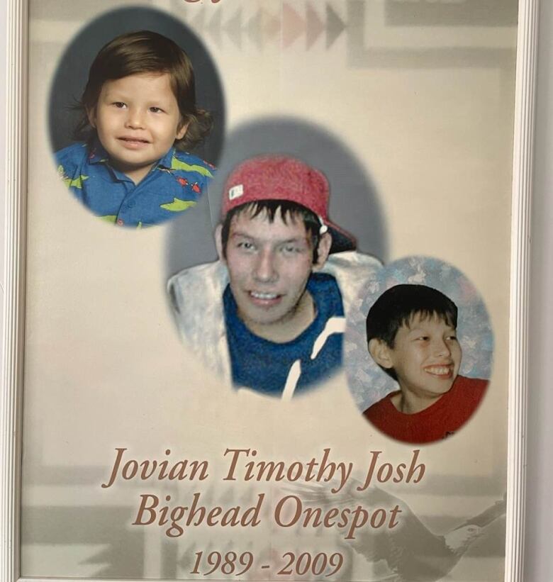 A memorial photo of an Indigenous man, two images of him still as a boy 