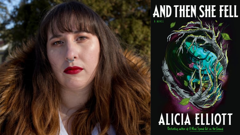 A composite image of an Indigenous woman with dark brown hair, red lipstick and trees behind her looking at the camera beside an illustrated book cover with a girl's face obstructed by tree branches and leaves and the words And Then She Fell by Alicia Elliott written on it.