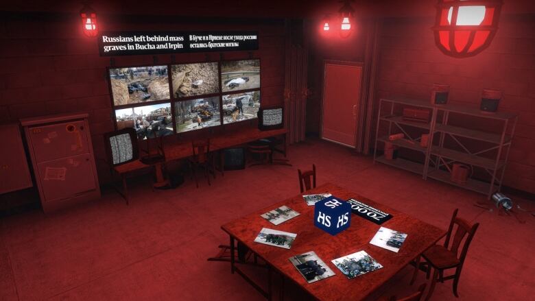 A screenshot of a video game shows a red-lit room with a table covered in photographs and a screen showing scenes from the war in Ukraine, alongside the headline 