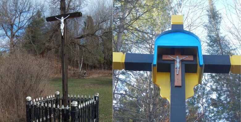 Two photos of crosses in the woods.