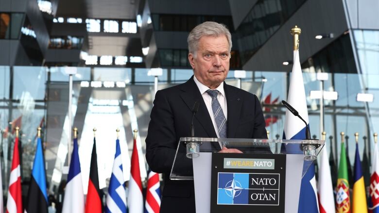 A man in a suit stands at a NATO podium in front of a row of flags.