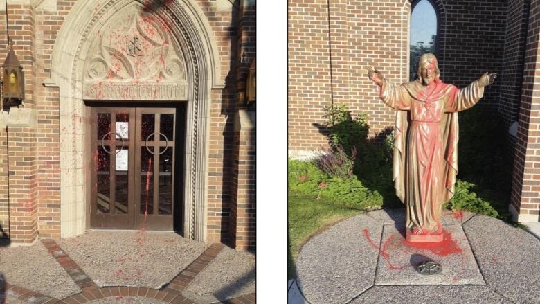 On the left, red paint covers a brick and stone entrance to a church. On the right, a statue of Jesus is covered in red paint.