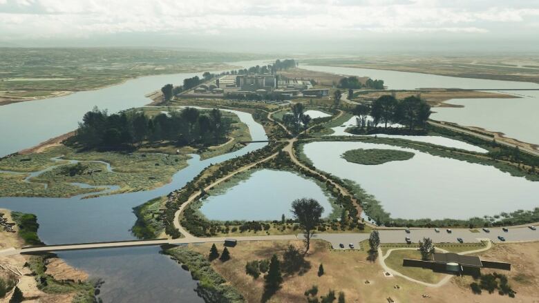 An image of a park with large lagoons, surrounded by water.