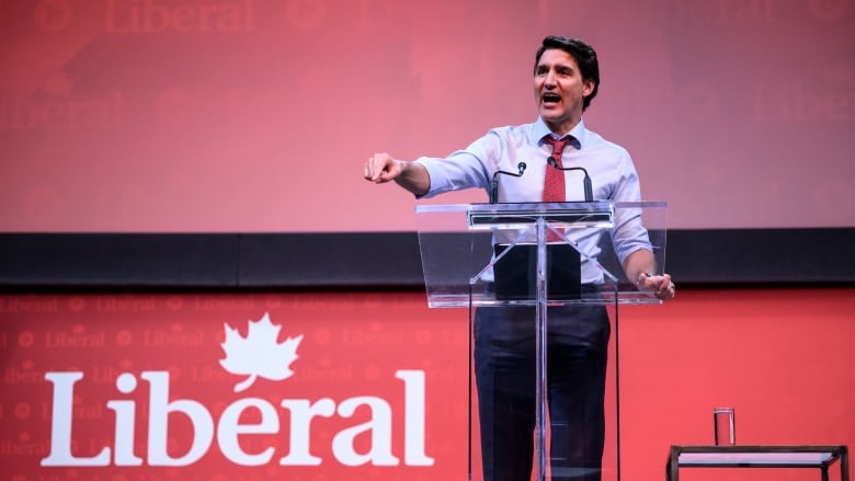 Prime Minister Justin Trudeau stands at a podium in front of a sign that reads 