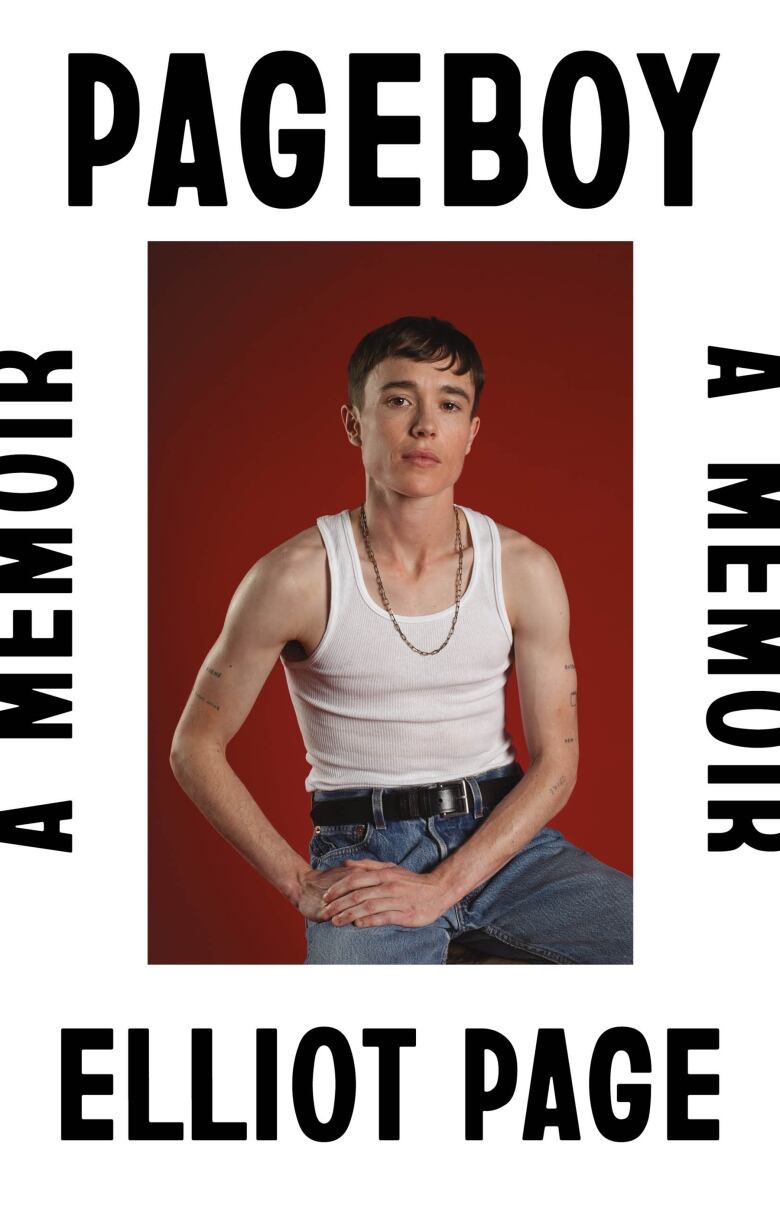 On the left is a book cover with a photo of a person with short brown hair wearing a white tank top, black belt, and jeans on the cover. He is sitting in front of a red wall. 