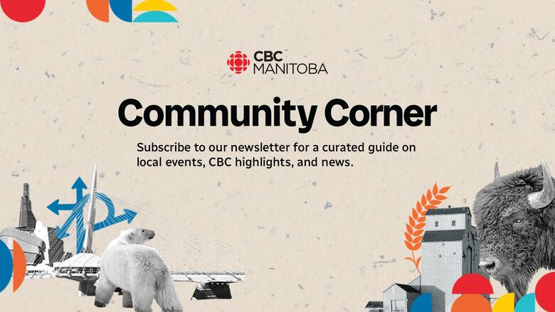 CBC broken Gem branding with Manitoba symbols like the bison, polar bear, the CMHR, a grain elevator, and L'Esplanade Riel. 