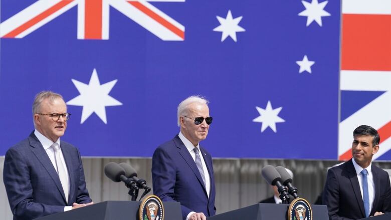 Britain's Prime Minister Rishi Sunak, right, meets with U.S. President Joe Biden and Prime Minister of Australia Anthony Albanese, left, at Point Loma naval base in San Diego, U.S., on March 13, 2023.