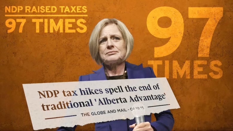 NDP Opposition Leader Rachel Notley against an orange background in a media graphic with the word 