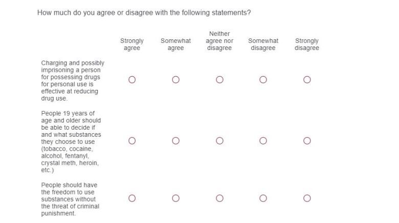 A page from an electronic survey that asks four questions about drug use, with possible answers ranging from 