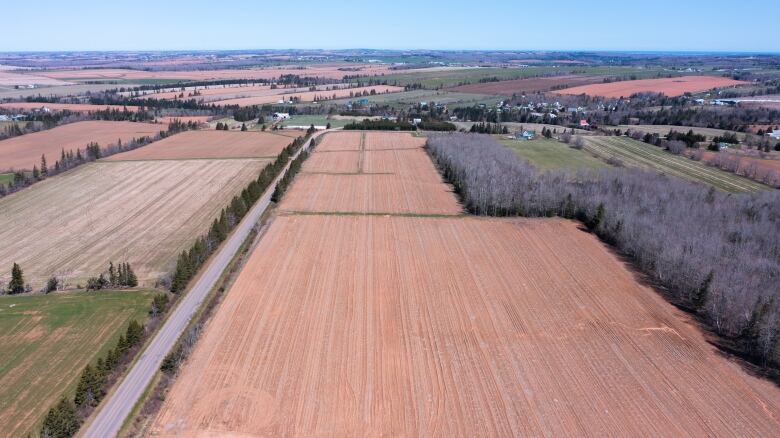 A drone view of farm fields on P.E.I. 