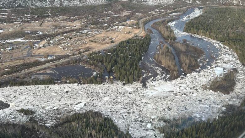 An aerial view of an ice jam at Henderson Corner in the Klondike Valley.