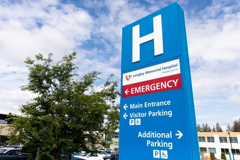 A hospital sign outside Langley Memorial Hospital directs visitors to entrances and parking.