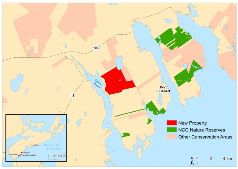 A map shows an area of land, highlighted in red, that is now being conserved. Some nearby areas are highlighted in green, and shows what areas have already been conserved.