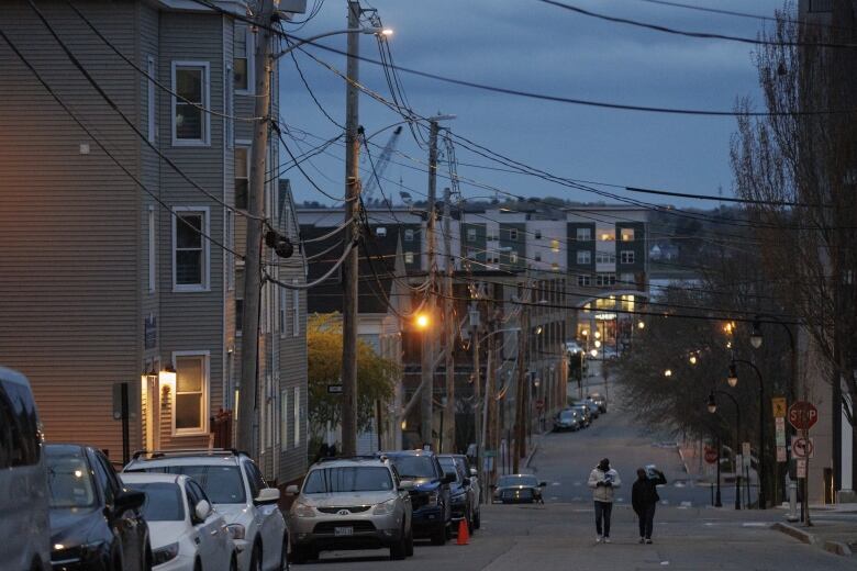 A crooked residential street, laced with power lines, is seen at twilight.  