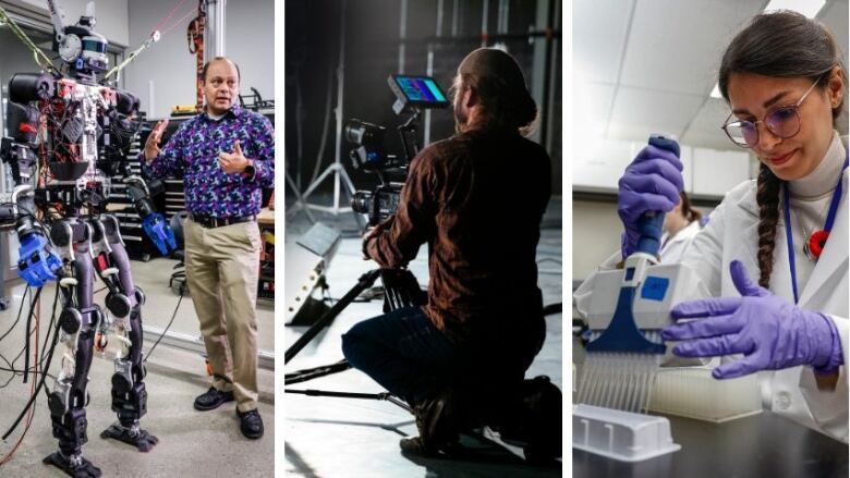 From left: A man gestures as he stands beside a tall humanoid robot in a lab. Middle, a man kneels to look through a camera on a stage. Right, a woman in a white lab coat handles samples at a counter in a lab.