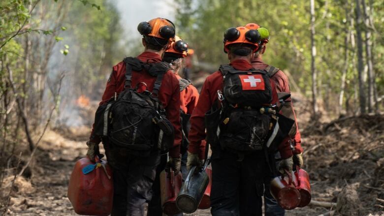 Firefighting crews are seen walking towards a fire with equipment in hand.