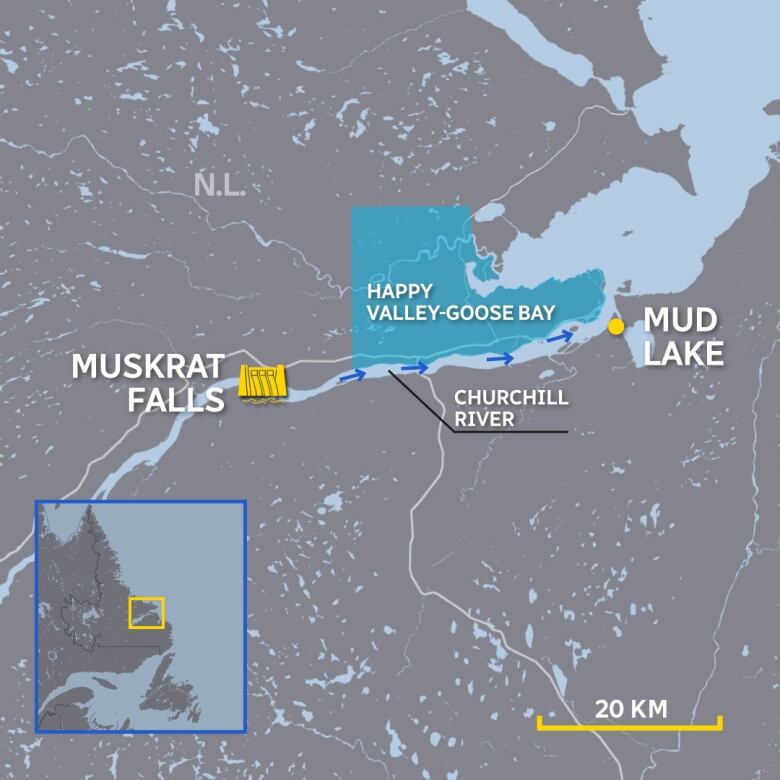 A map of Mud Lake and Muskrat Falls.