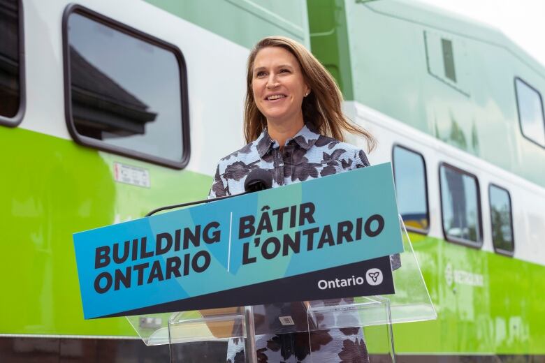 Minister of Transportation Caroline Mulroney makes a GO Transit announcement in Niagara Falls, Ontario Friday, August 26, 2022. THE CANADIAN PRESS/Tara Walton