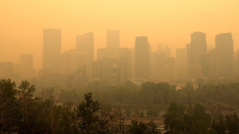 Orange haze blankets Calgary city skyline due to Alberta wildfires.