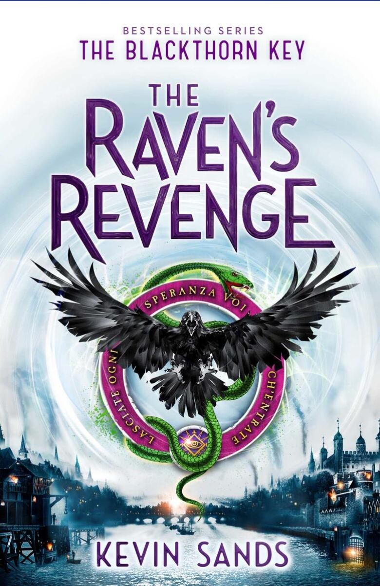 A book cover that has a raven flying out of a purple circle that has a green snake going through it. The background has cloudy skies and lightening, and has castles. There is purple text overlay that is the author's name and book title. 