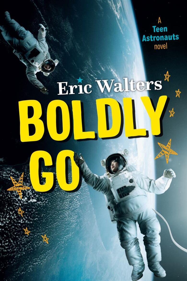 A book cover that shows two astronauts floating above the surface of Earth. There is yellow, white, blue text overlay that is the book's title and author's name. 