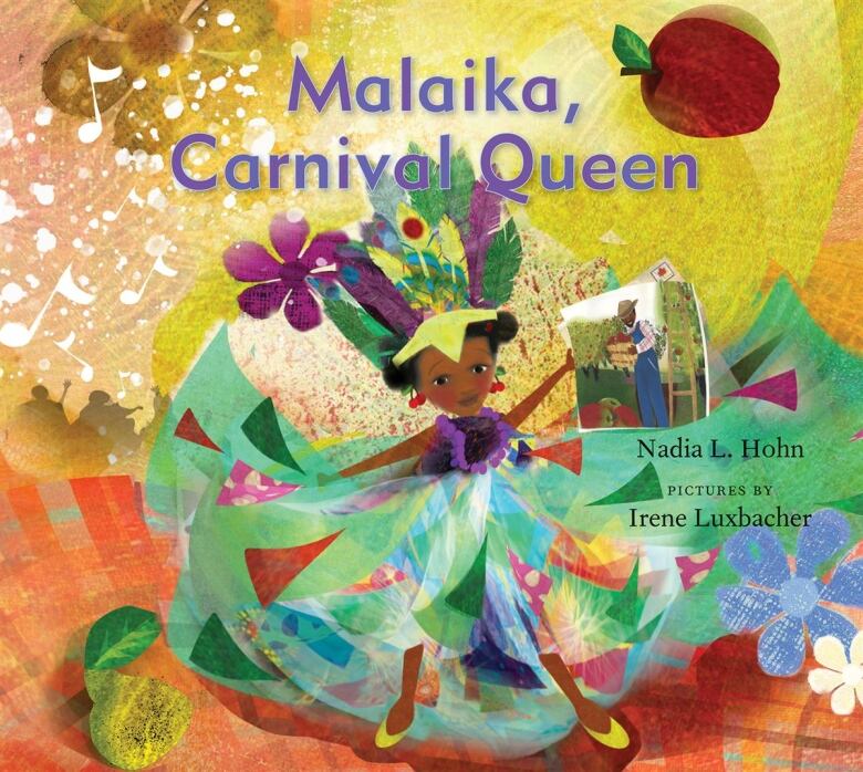 Book cover that shows a girl wearing a colourful large dress with feathers on her head holding a photo of her father who is a farmer harvesting apples. There are also music notes, an apple, a pear and flowers on the cover. There is purple and black text overlay that is the book's title and author's name. 