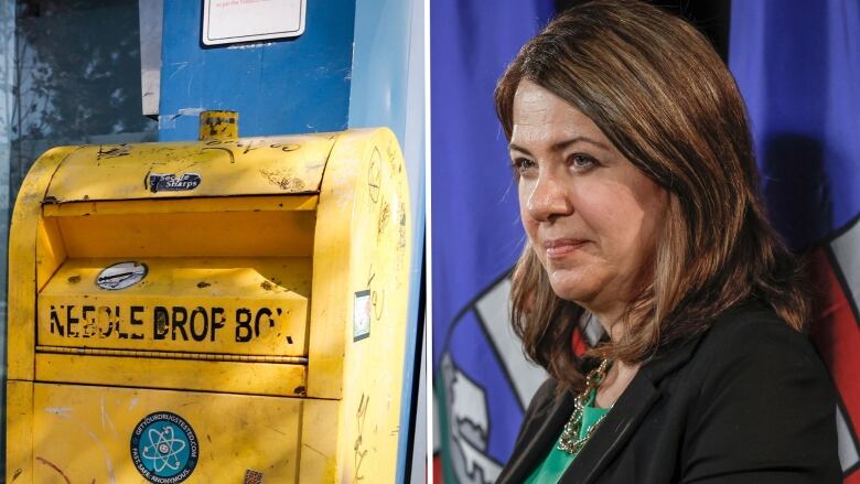 A collage is pictured with two women and a needle drop box.