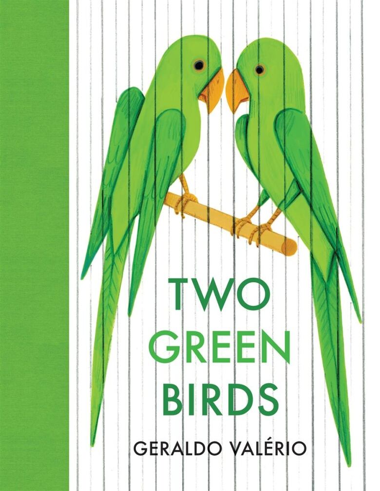 A book cover with two green birds standing on a stick facing each other. There is a strip of green on the left side of the cover, and the background is white with light black stripes. There is green and black text overlay that is the author's name and book title. 