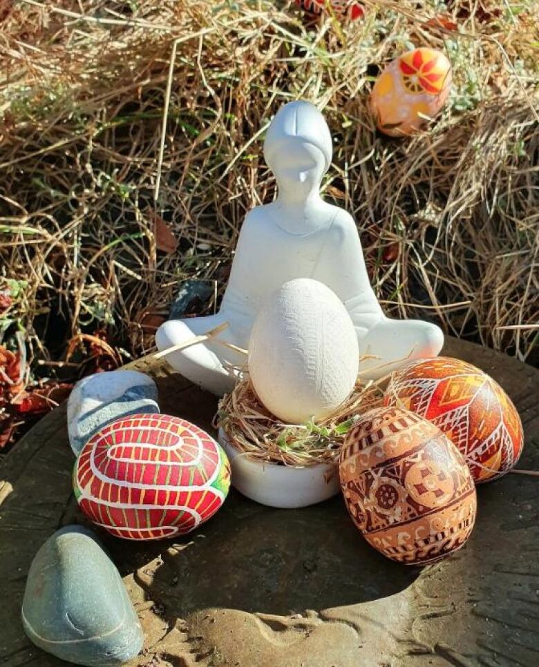 A group of beautifully decorated psyanky eggs by artist Hanna Furs.