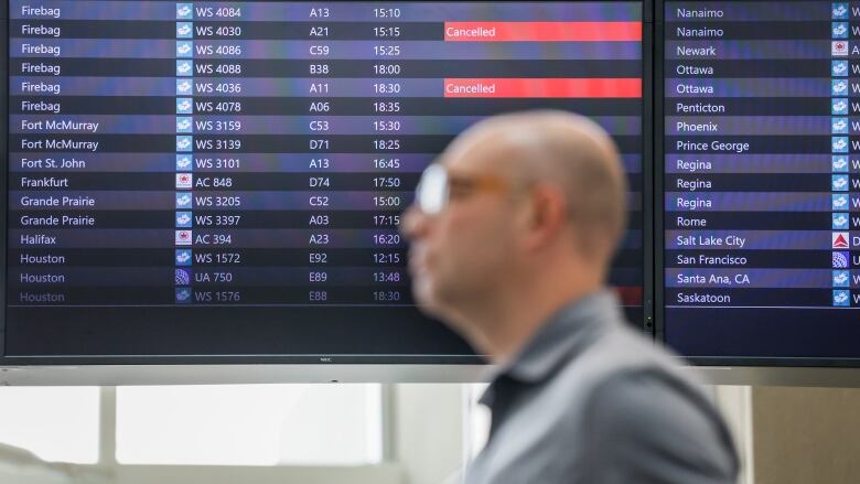 A man walks by a departures board at the airport.