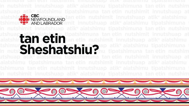 Text says CBC Newfoundland and Labrador with CBC gem.  Below it says: Tan etin Sheshatshiu? Which translates to, What's Happening Sheshatshiu? in English.  The bottom of the picture has Indigenous art that includes hieroglyphics, all in red, blue and yellow. There are multiple Indigenous words faded in a light grey in the background.   