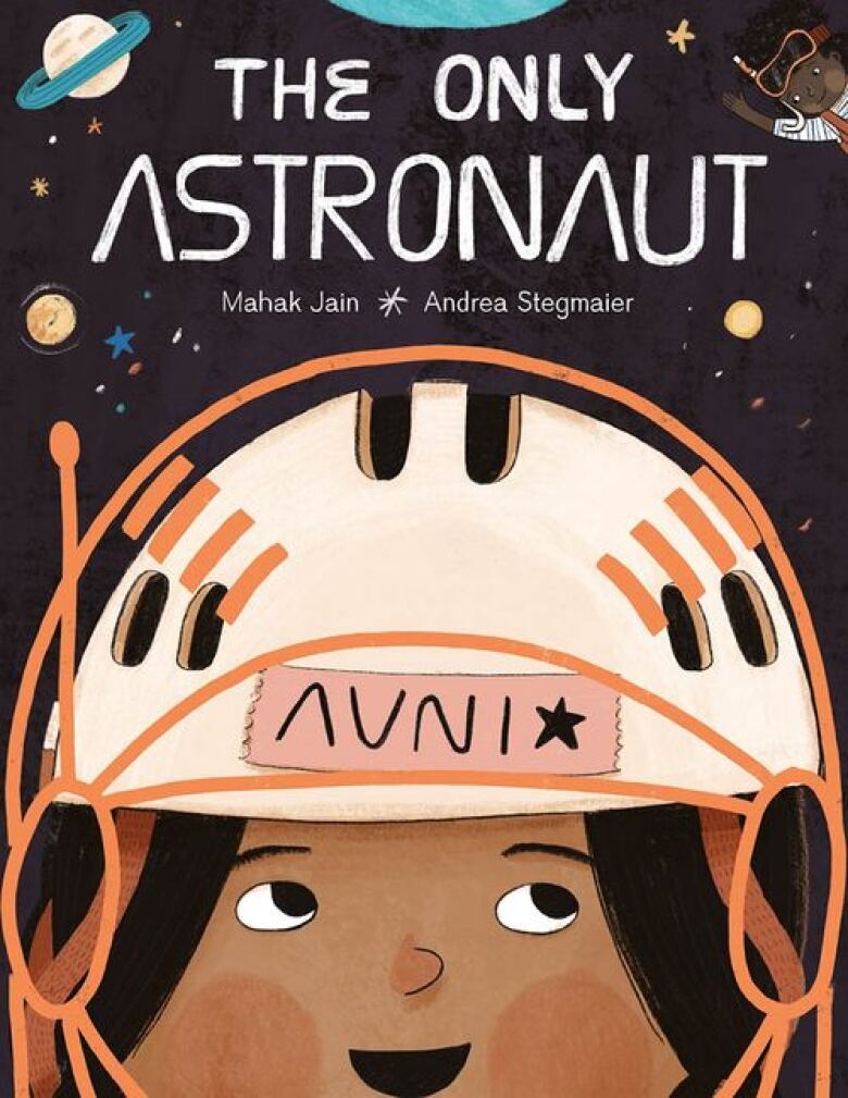  Illustrated cover of young brown girl wearing a white helmet in front of outer space