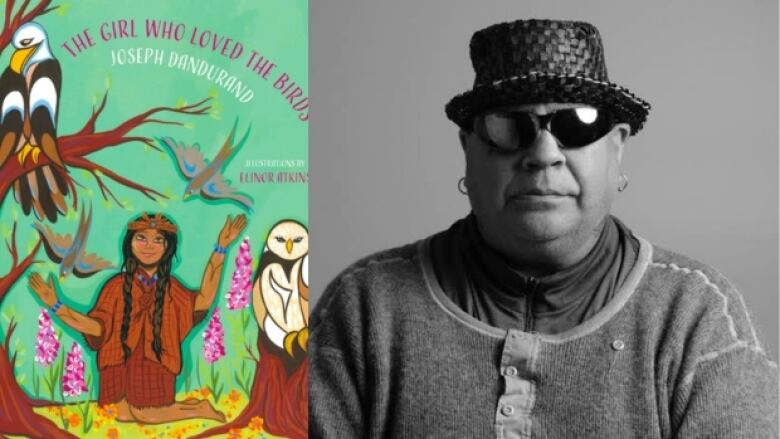 On the left is a book cover that shows an Indigenous girl in the middle of a forest with a eagle, owl, purple flowers, and two birds flying in the background. On the right is a black and white photo of the author who is wearing sunglasses and a straw hat. 