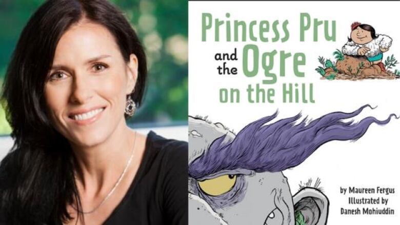 White woman with dark brown hair smiling in front of blurred green background. Illustrated book cover with white background of half a grey and purple ogre's face with a long purple eyebrow, white girl with brown hair leaning on brown rock.