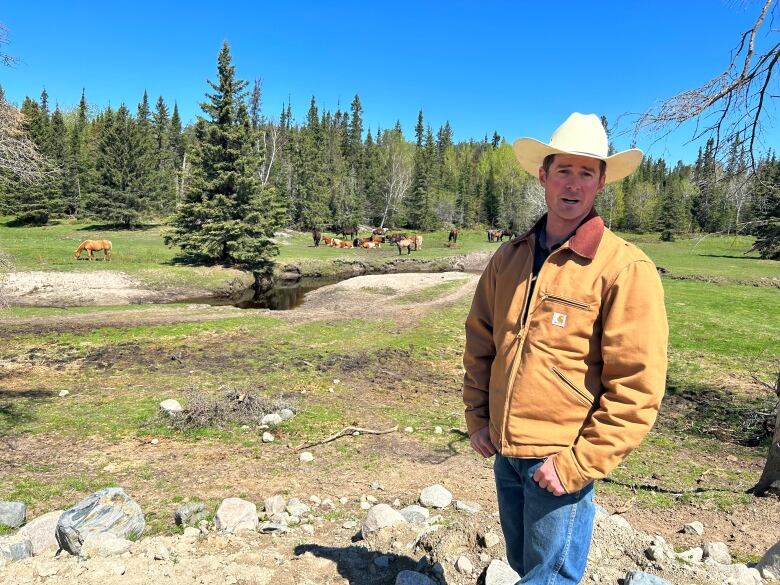 A man wearing a cowboy hat is standing in front of a field, with horses and trees in the background.