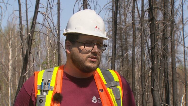 A man wearing a red shirt, a reflective vest and hard hat stands in the middle of a charred forest.