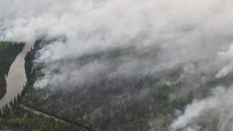 Small river, trees, smoke. 