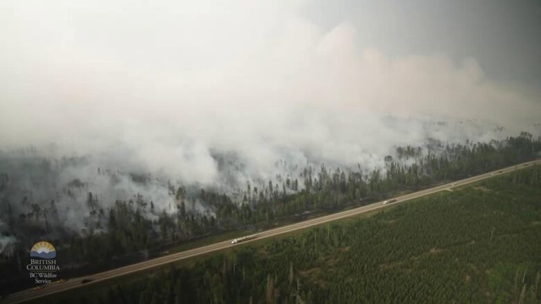 Overhead shot of smoke coming off of woods.