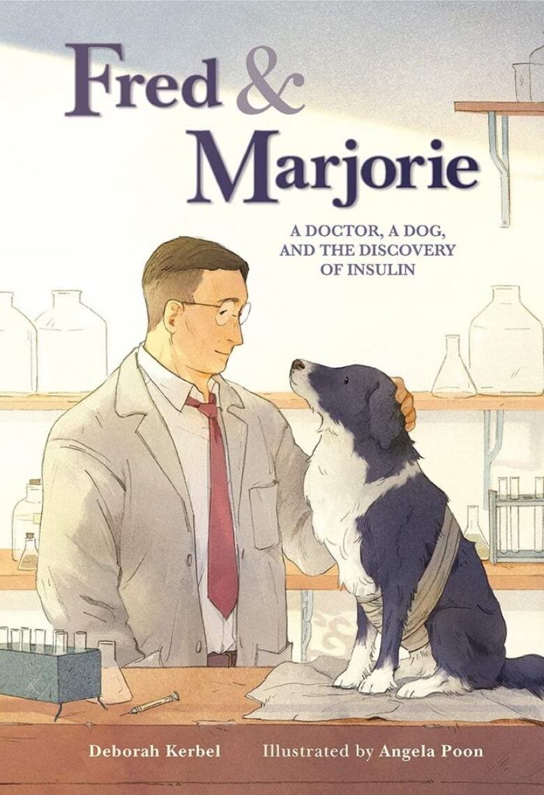 Illustrated book cover of white man in white blazer, glasses and a red tie petting a black and white dog on the table.