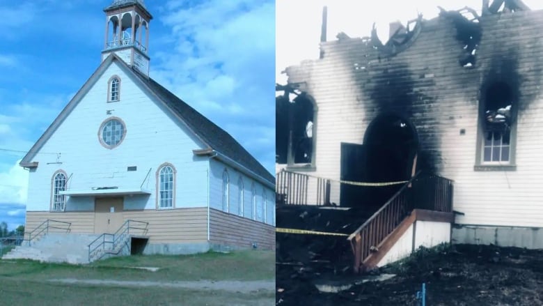 Two pictures of a church, one is burnt and damaged by fire.