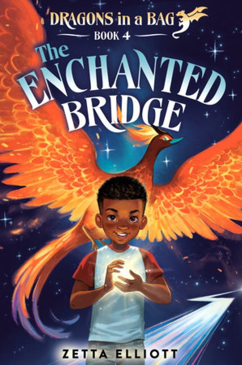 Illustrated book cover of a young Black boy in a red and white t-shirt holding a ball of light. An orange and phoenix flies behind him in a dark blue sky. 