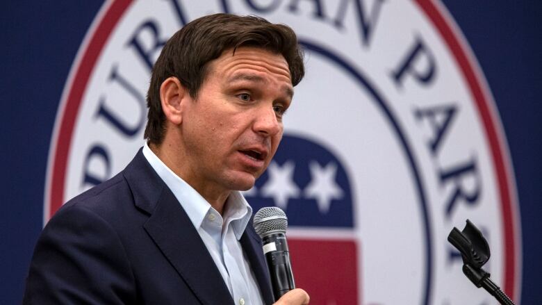 Florida Gov. Ron DeSantis speaks during an Iowa GOP reception, Saturday, May 13, 2023, at The Hotel at Kirkwood Center in Cedar Rapids, Iowa. (Nick Rohlman/The Gazette via AP)