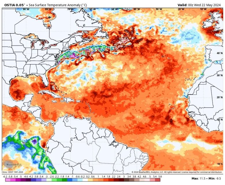 Sea surface temperatures are running warmer than average throughout much of the Atlantic ocean and are near record levels in some places. 