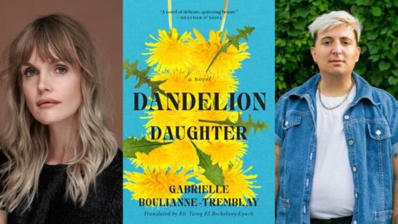 A young woman with long blonde hair, the book cover with a bouquet of dandelions and the translator wearing a white t-shirt and denim shirt over it