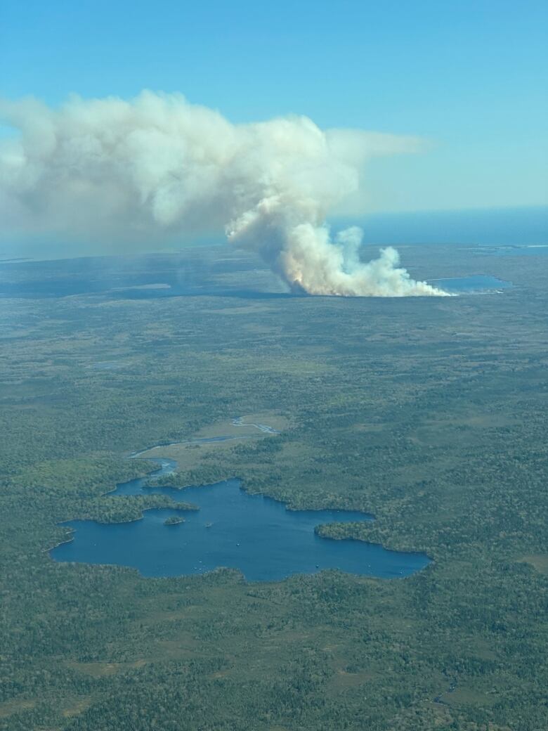 Aerial footage shows smoke billowing and flames raging near Barrington Lake in Shelburne County, N.S.