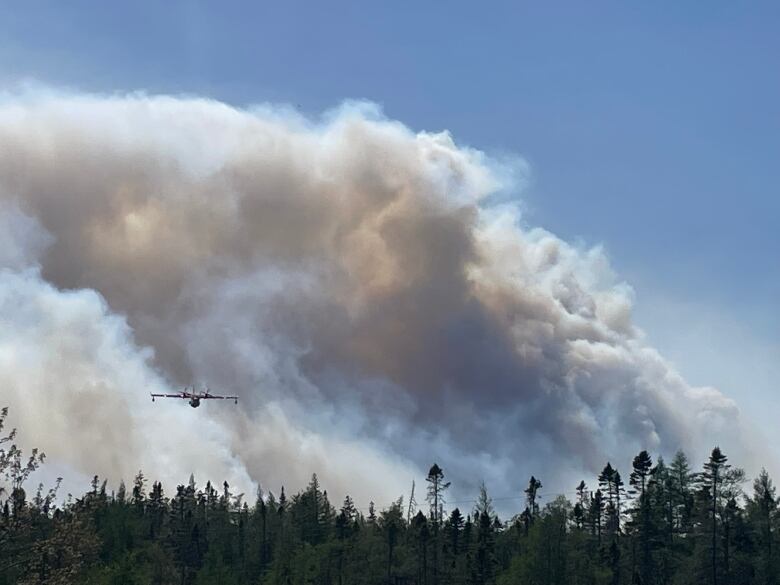 An aircraft flies over the wildfire in Shelburne County, N.S.